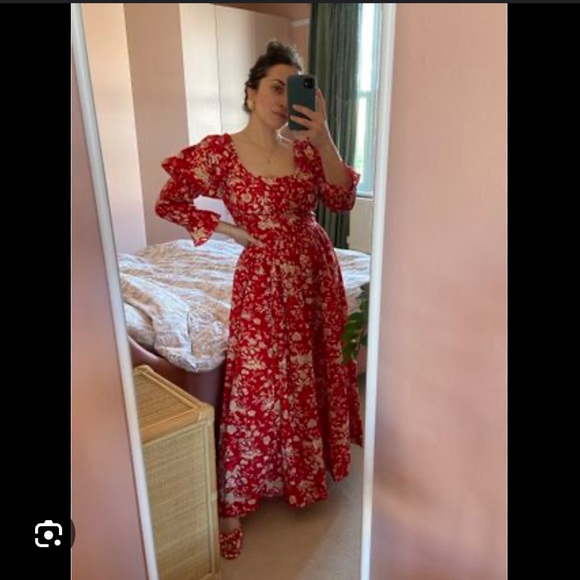 DÔEN Meribel Shirred Floral-Print Cotton-Poplin Midi Dress size Small - Picture 4 of 6